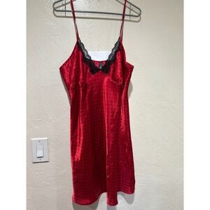 Ambrielle Red Satin Polka Dot Chemise Nightgown Lace Trim XL